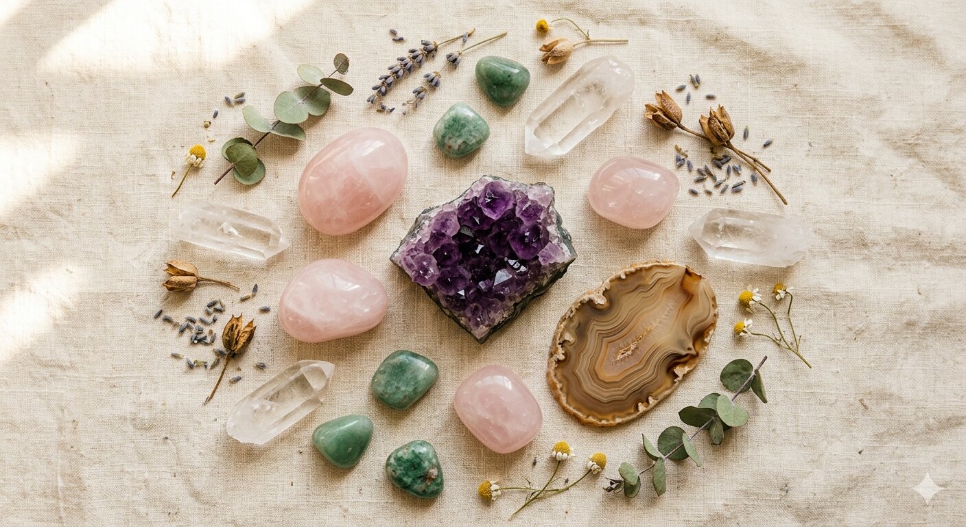 Editorial flat-lay of crystals, gemstones, and minerals including amethyst, rose quartz, clear quartz, aventurine, and banded agate on a warm linen surface